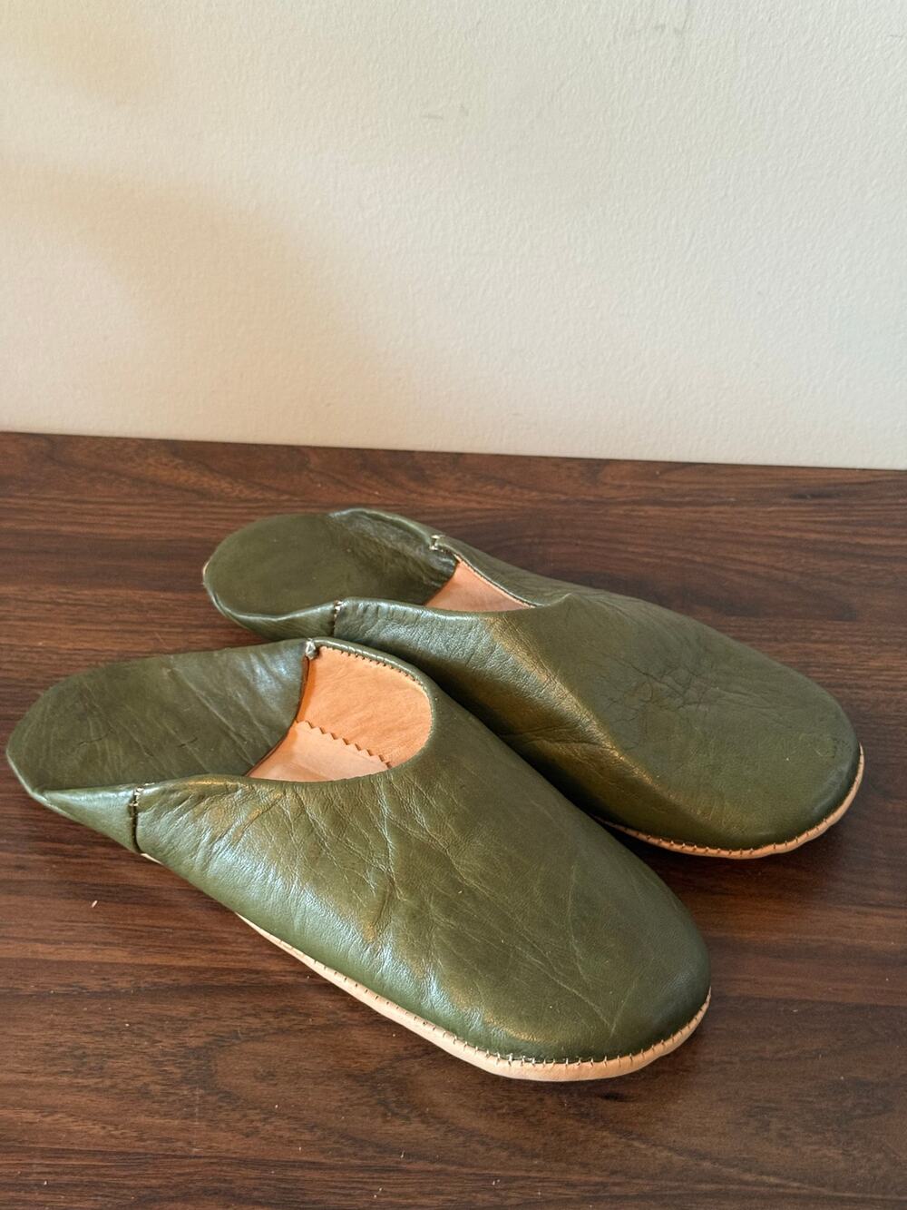 Moroccan Leather Olive Green Handmade Babouche Slippers Padded Soles Sz 8-8.5